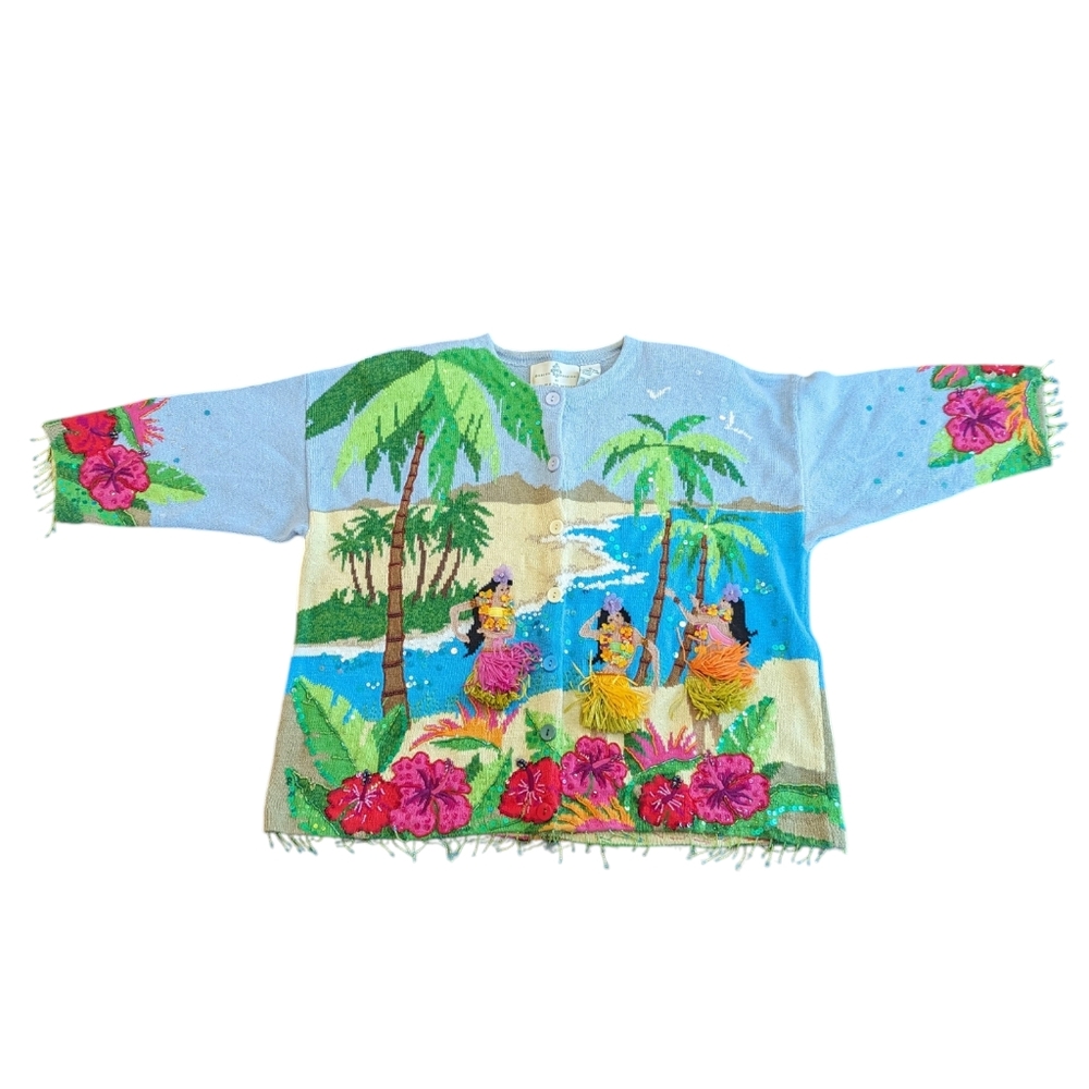 Vintage Design Options Cardigan Women XL Hawaiian Hula dancer.